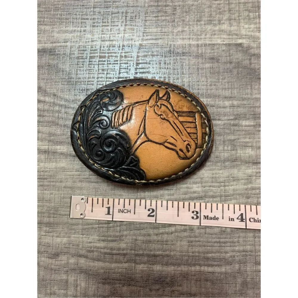 Men's Leather Handcarved Horse Handsewn Belt Buckles